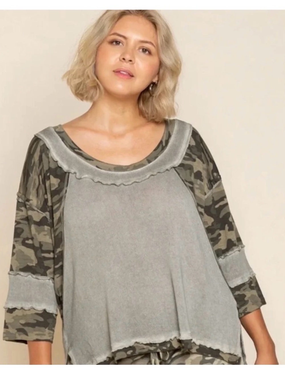 POL Washed Gray Top with Green Camo Sleeves